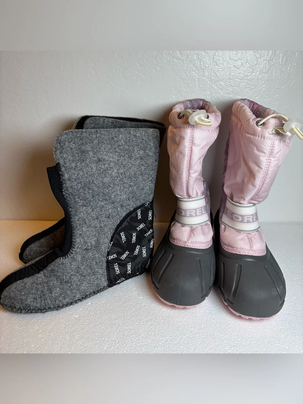 SOREL 'Cub' Winter Boots w/Felt Liners, Pink w/ Gray & Lavender Paisley